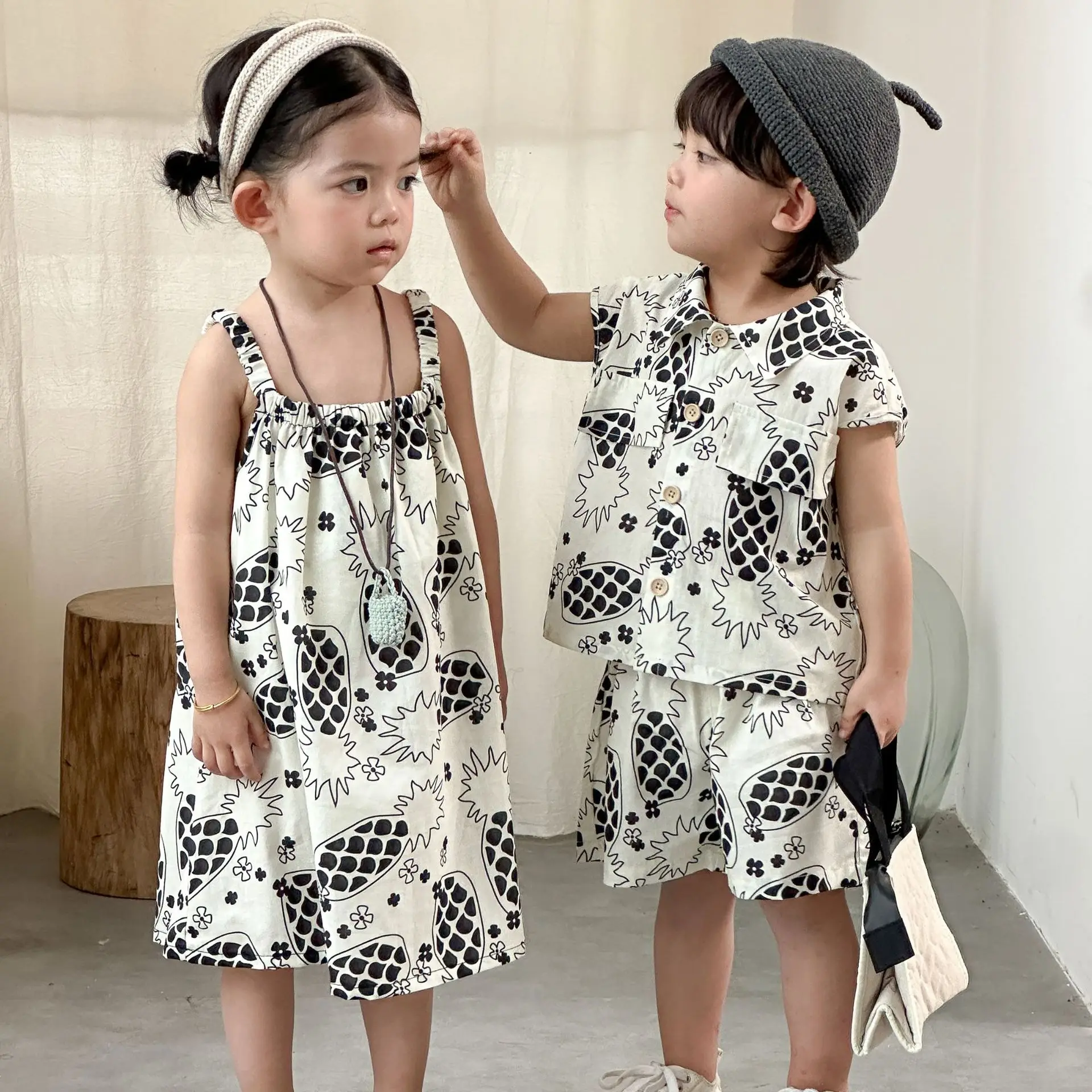 Children Clothes 2026 Summer New Pineapple Print Boys' Suit Cotton Leisure Baby Girl Dress Brothers and Sisters Clothes