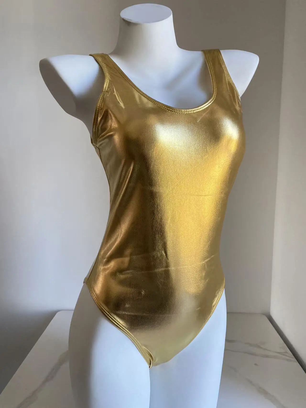 Maiôs brilhantes de uma peça, feminino, dourado, prateado, metálico, couro, gola redonda, conjunto de biquíni para mulheres, verão, trajes de banho, moda praia