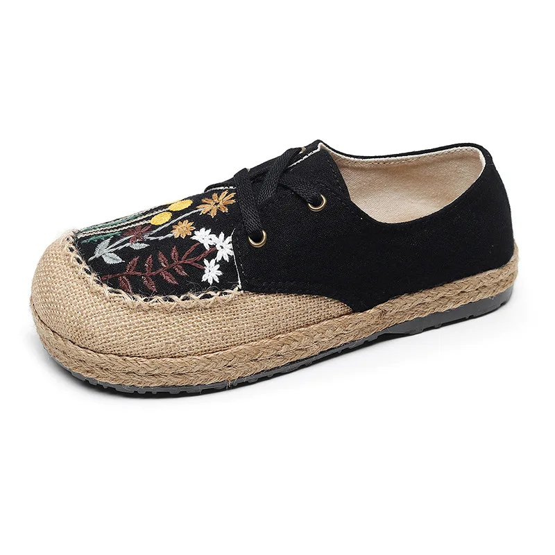 Veowalk Damen-Espadrilles-Sneaker, vegan, handgefertigt, zum Schnüren, flach, bestickt, Leinen, Segeltuchschuhe, bequem, Schwarz, Beige, Grau