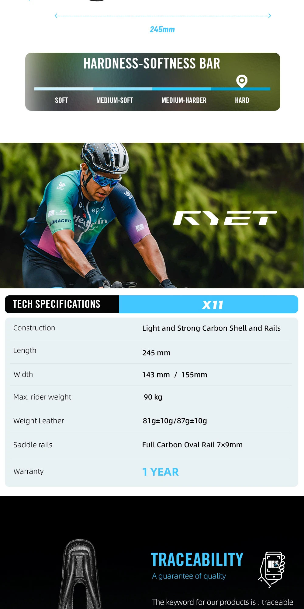 RYET Vollcarbon-Fahrradsattel, ultraleicht, 81 g/87 g, Lederoberteil, 7 x 9 mm, Carbon-Schienen, 143/155 mm, für Rennrad, MTB, Kies, Fahrradzubehör – Detail 3
