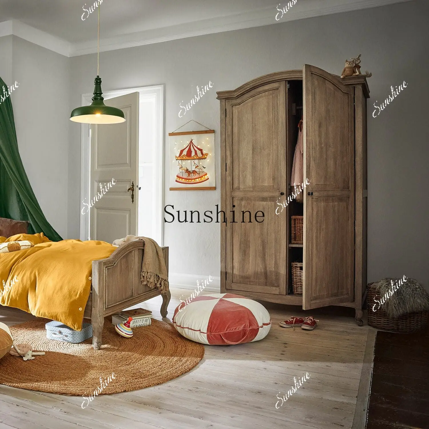 

American country bedroom solid wood wardrobe opposite door old storage storage FT