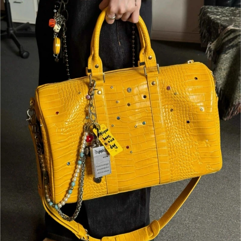 

Vintage Crocodile Embossed Pattern Large-capacity Boston Handbag Soft Pu Leather Colored Diamond Decoration Travel Shoulder Bag