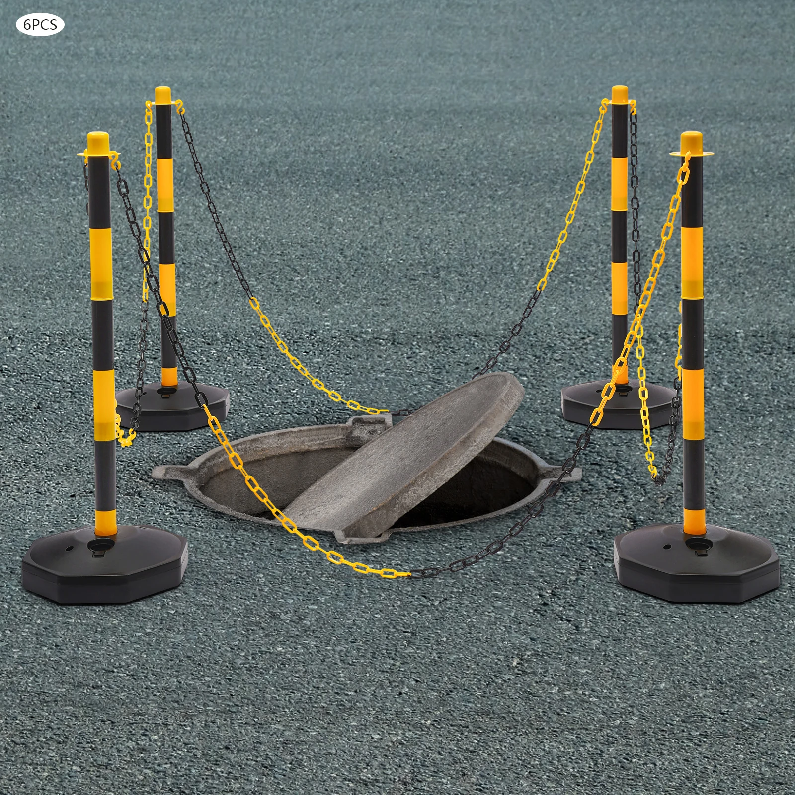 

Упаковка из 6 дорожных конусов с регулируемыми столбами для размножения. Набор предупредительных стоек с 6 основаниями и 5 цепями. Уличная стойка.