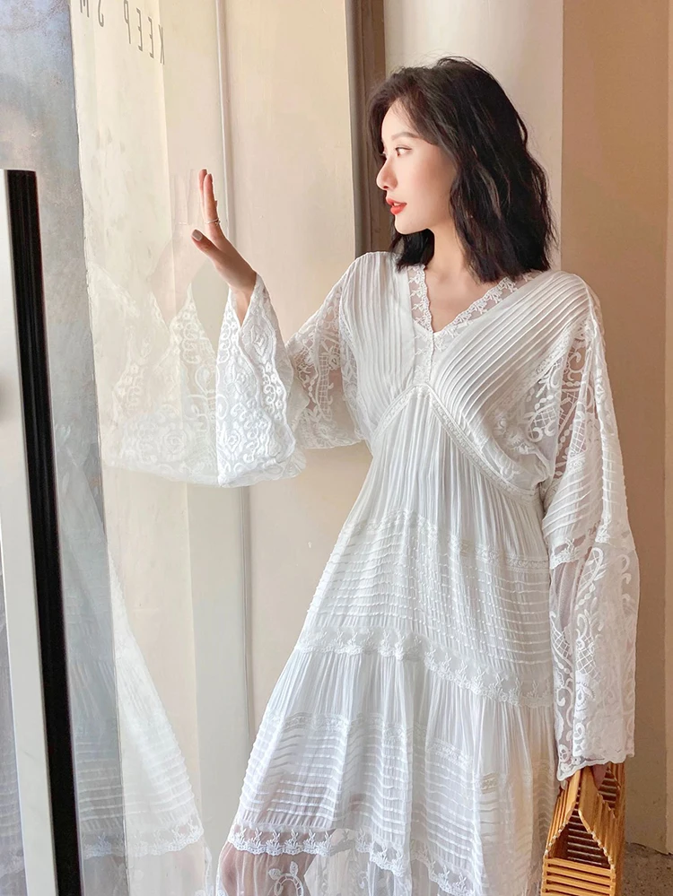 GypsyLady Elegant Lace White Maxi Dress Floral Summer Spring Cotton Fairy V-Neck Long Flare Sleeve Holiday Ladies Female Dresses