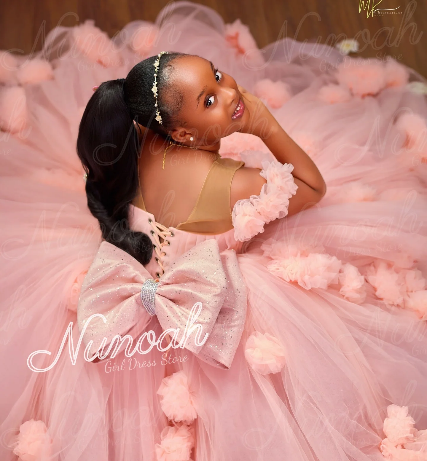 Pink Flower Girl Dresses for Wedding with Bow Floral Tulle Girl Birthday Party Off the Shoulder First Communion Gowns Customized