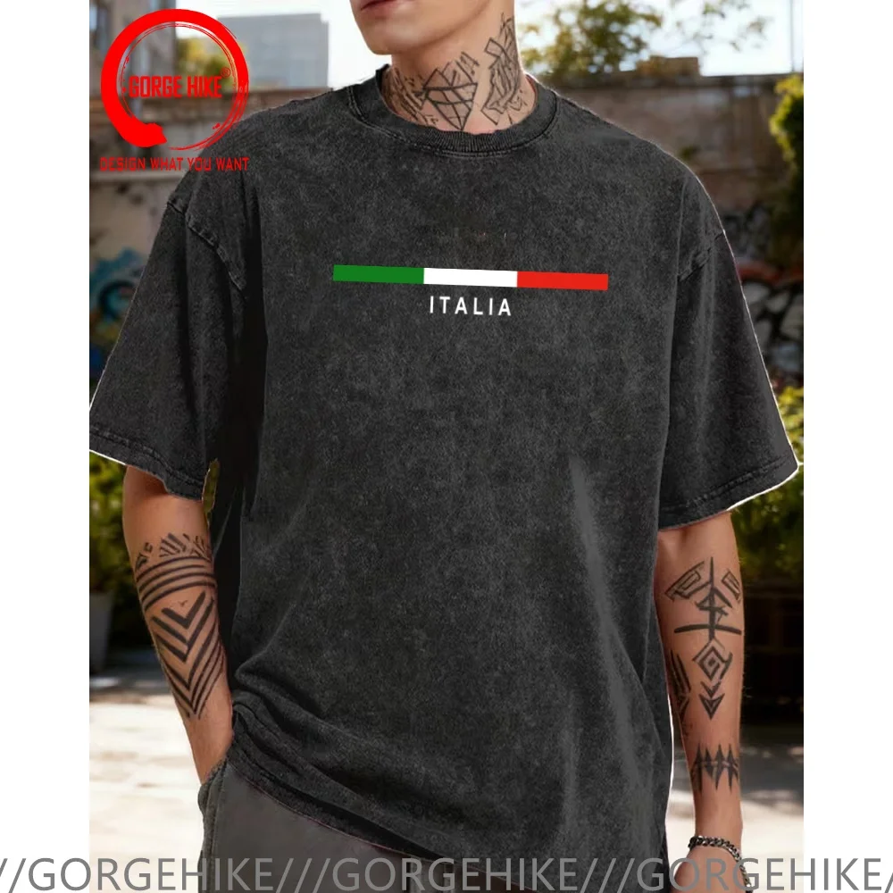 Vintage Washed Cotton T-Shirt Funny Designer Italy Flag Italia Italian  T Shirt Men Fashion Trendy Casual Clothing Stylish Tops