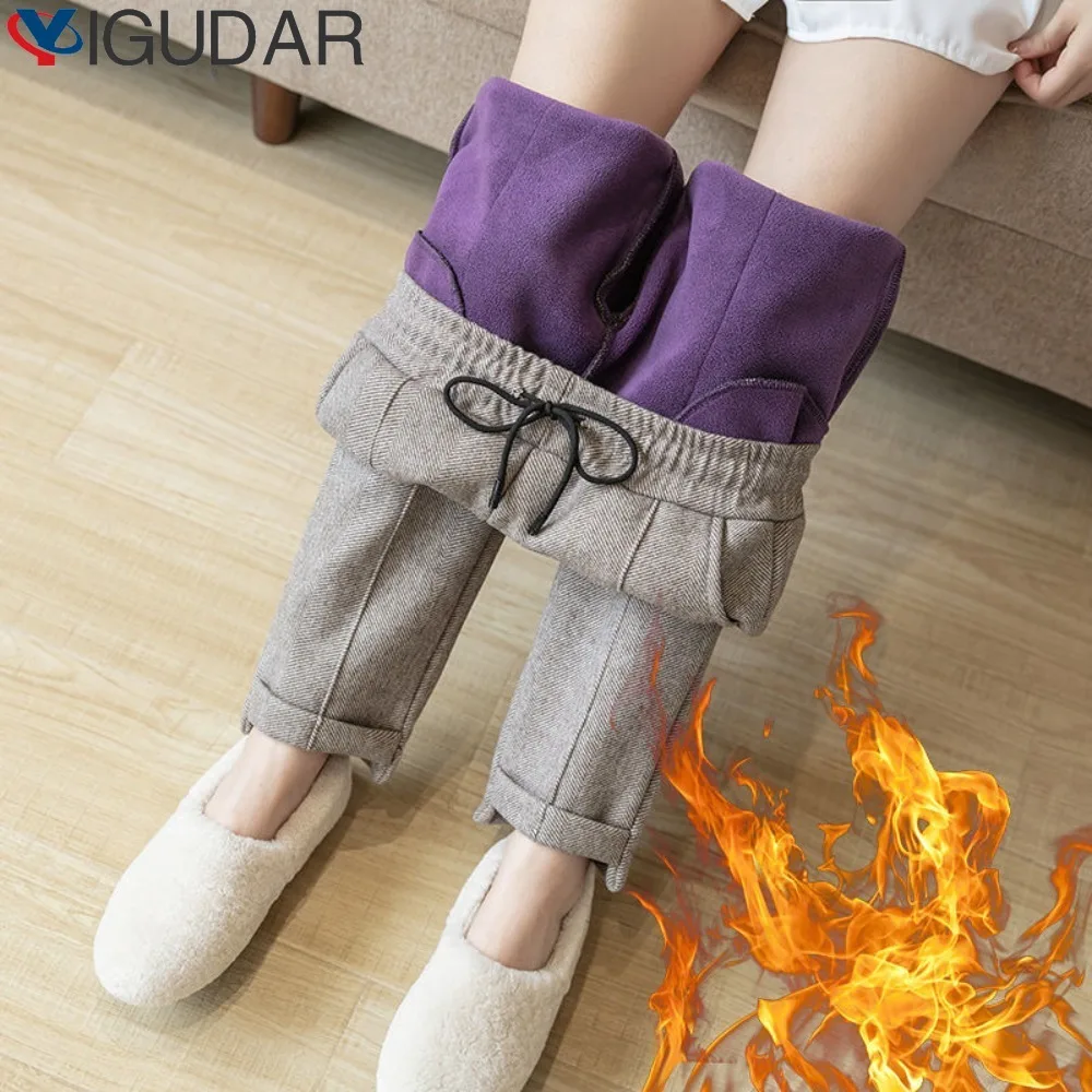 

New Casual Pants Autumn Winter Fleece-Lined Thick Woolen Pants Loose Korean Style High Waist Ankle-Tied Harem Pants Skinny Pants