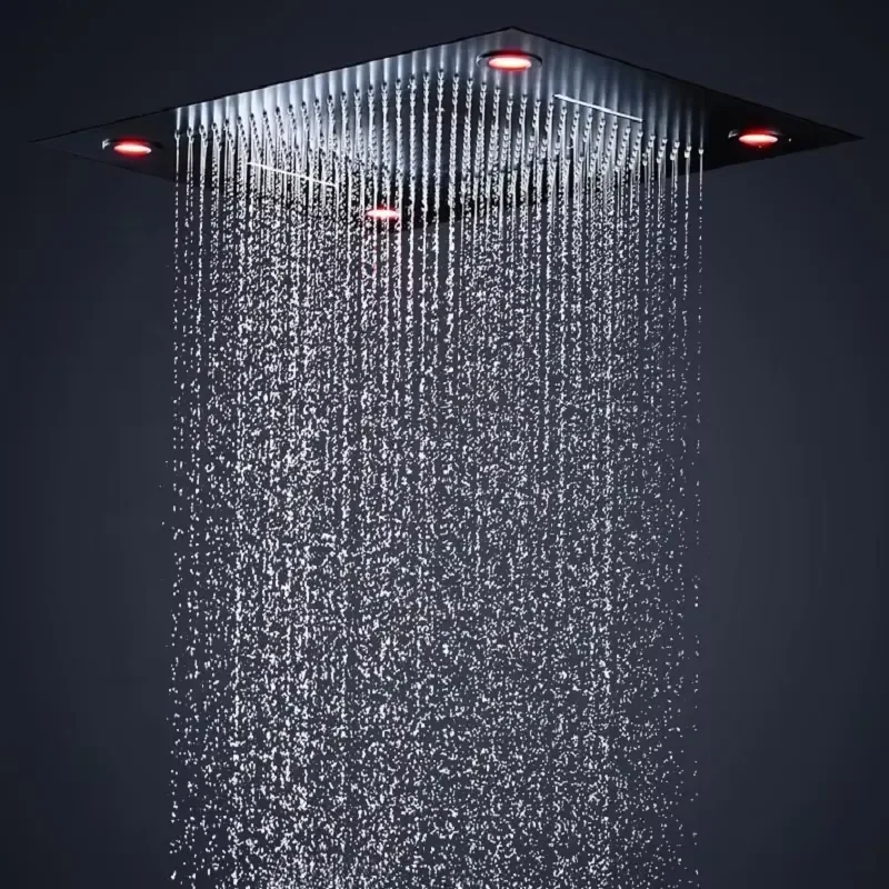6 Functions High Pressure Bathroom Black Shower Faucets 600*600MM Waterfall LED Shower Panel Thermostatic Mixer Shower Head view 6
