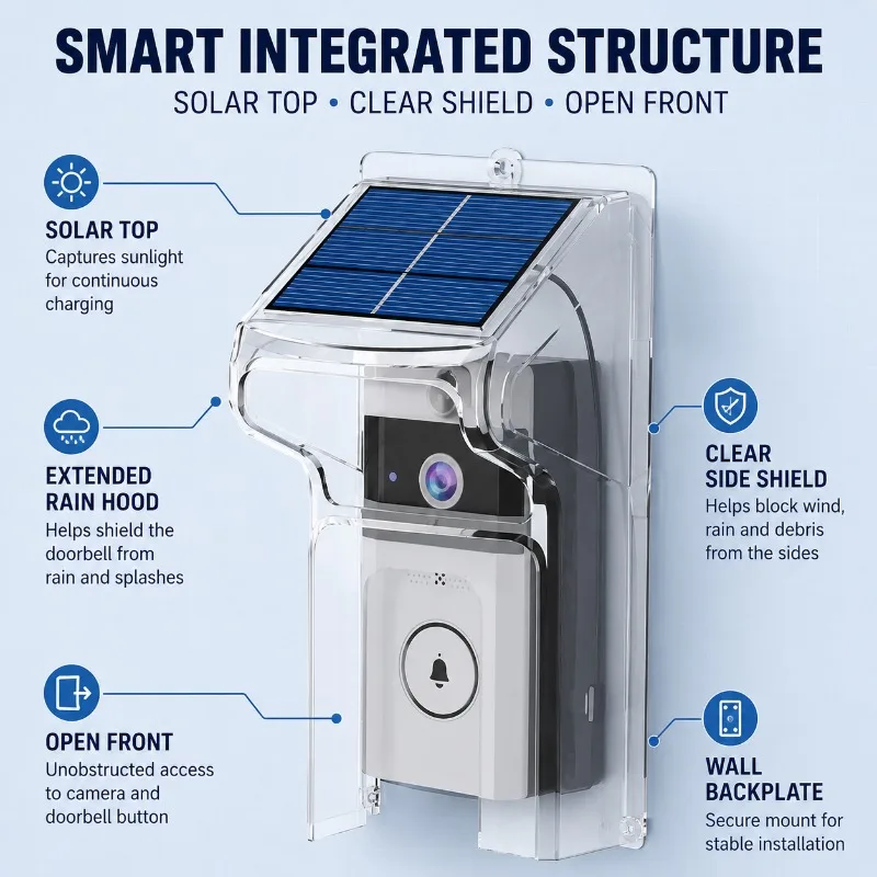 Solar Powered WiFi Video Doorbell with Transparent Rainproof Cover Wireless Home Door Bell Chime Two‑Way Audio Security Device