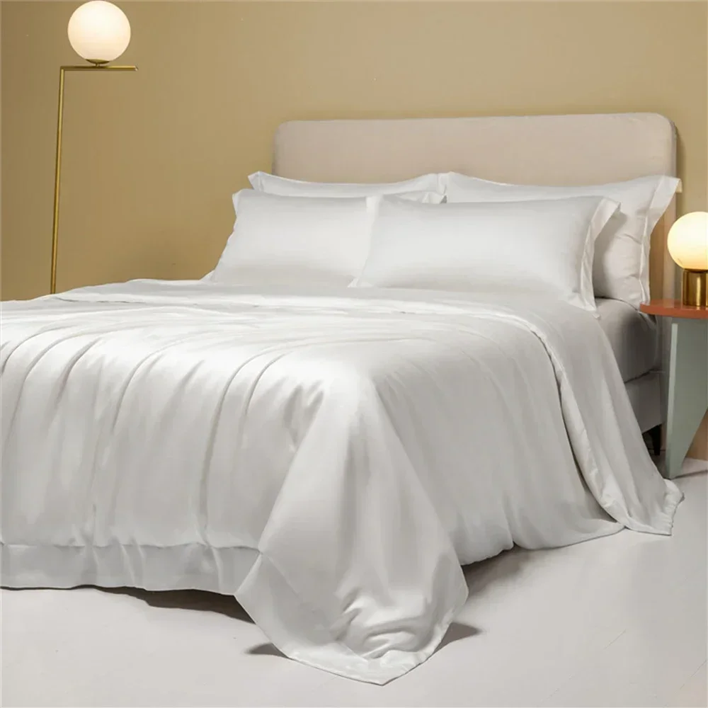 Lofuka Luxury White 100% Pure Silk Bedding Set Beauty Double Queen King Quilt Cover Flat Sheet Pillowcase For Healthy Sleep