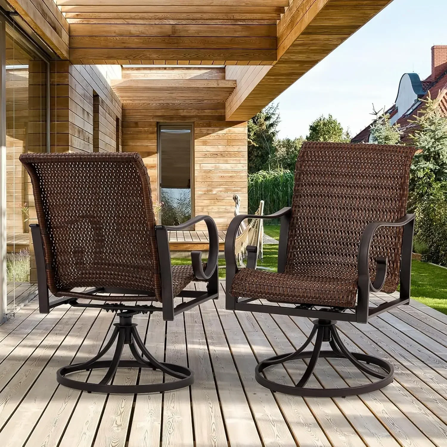 Patio Swivel Chairs Set of 2, Heavy Duty Outdoor Dining Chair with 23.5'' High Back, Extra-Large Water-Fall Seat, Rattan Wicker