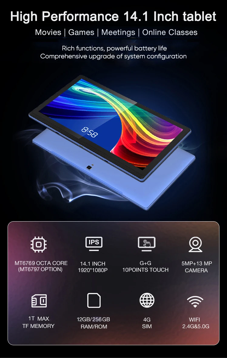 Global Language Google Play Certified Large Screen 14.1 Inch Tablet Pc 256GB Phone Call Bluetooth 5G WiFi Learning Game Pad