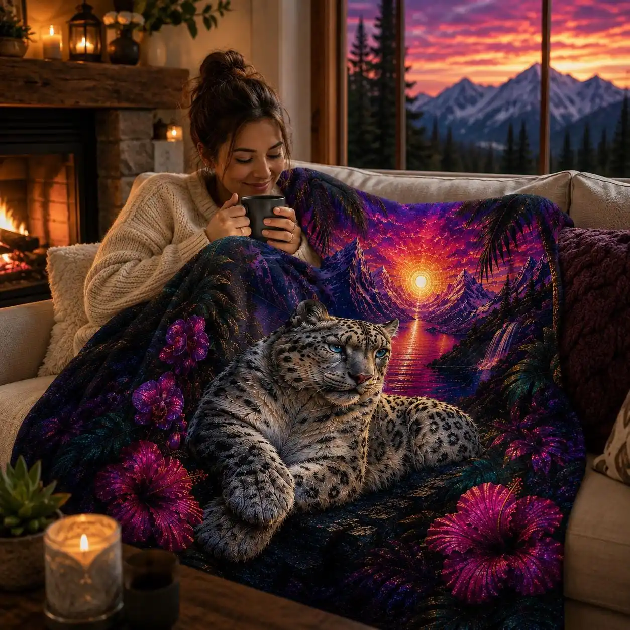 Luxurious Throw Blanket for Couch Cozy Pet Portrait Sunset Mountain Scene Home Decor Gift