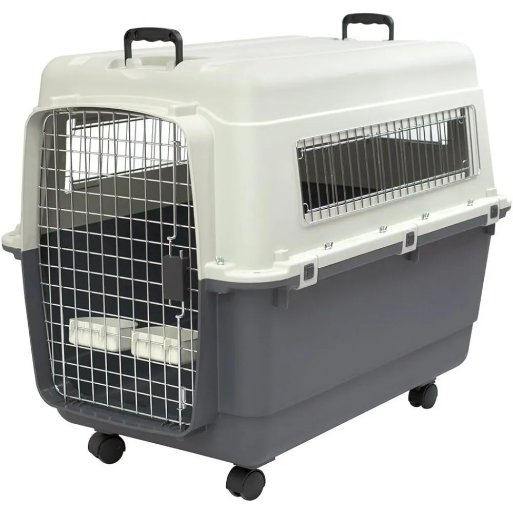 

Designs Plastic Kennels Rolling Plastic Airline Approved Wire Door Travel Dog Crate, X-Large, Gray