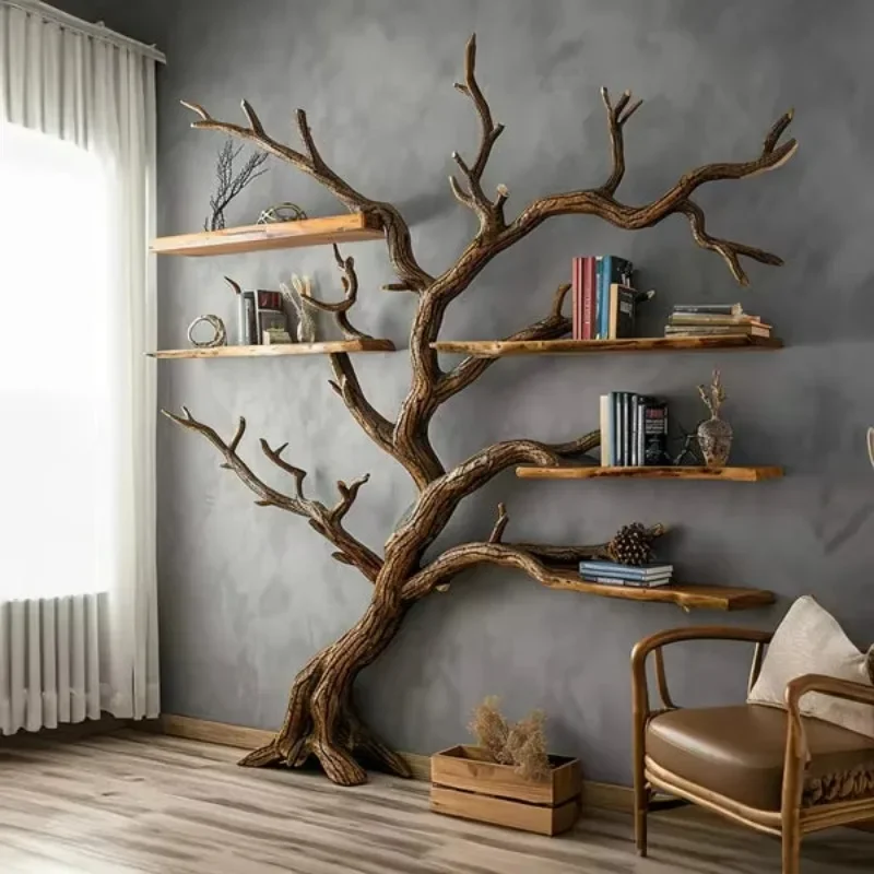 Solid wood tree shelf Wooden driftwood bookshelf Wall hanging display stand