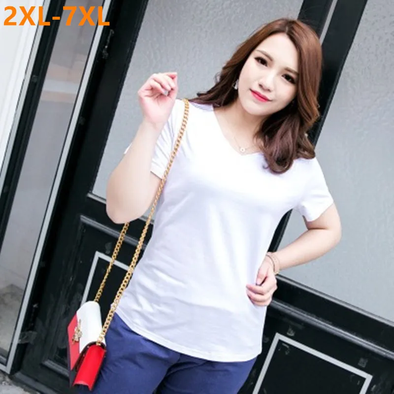 

Cotton Girl T Shirts Female Summer Short Sleeve Pure White Black Plus Size 7XL 6XL 5XL V-Neck 100KG Basic Women Casual Tee