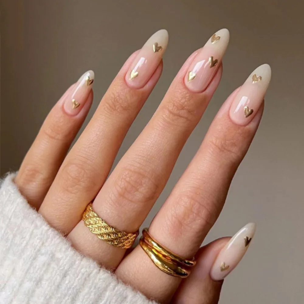 24Pcs Mid-length French Round Head Press on Fake Nails with Cat's Eye Design False Nails Rhinestone Reusable Full Cover Nail Tip