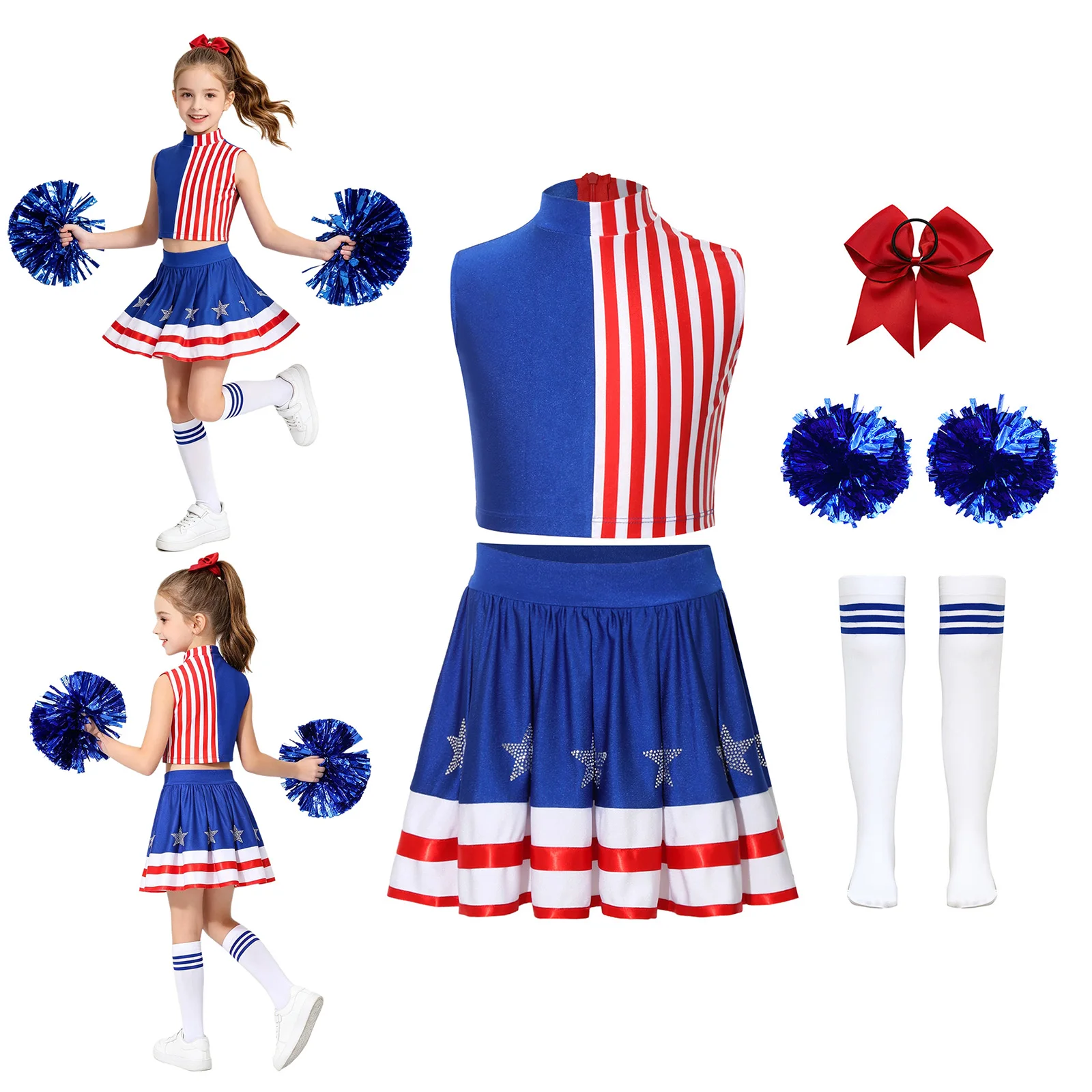Cheerleading-Outfit für Kinder und Mädchen, Kostüm zum Unabhängigkeitstag, gestreiftes Crop-Top mit Rock mit Strass-Sternen, Pompons, Socken und Kopfbedeckung – Detail 3
