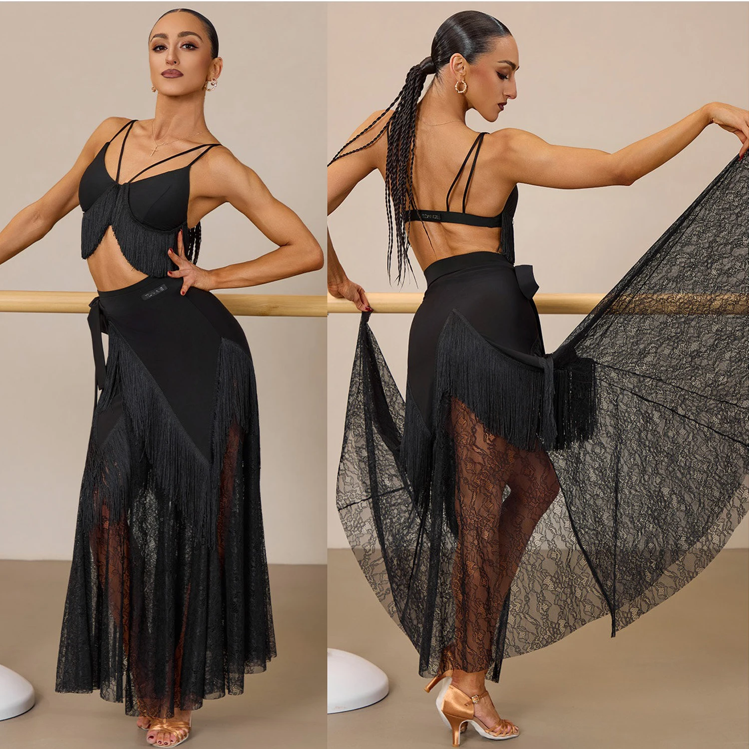 Vêtements de spectacle de danse latine 2026, hauts à franges, jupe flamengo en dentelle noire, costume de danse Rumba Tango, vêtements d'entraînement DNV28078