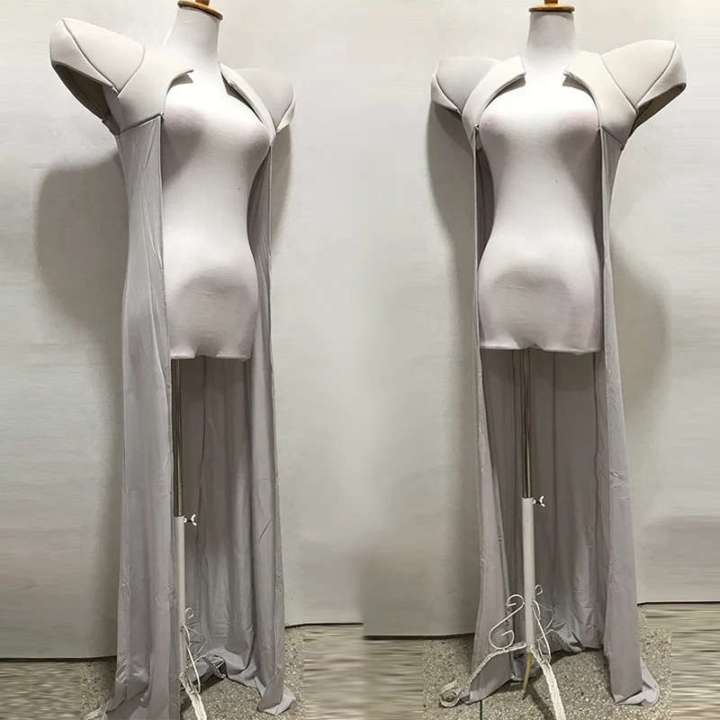 Drag Queen Stage Costume Shoulder Pads Long Cloak Grey Nightclub Bar Gogo Dance Rave Clothes Singer Ds Performance Outfit 3453