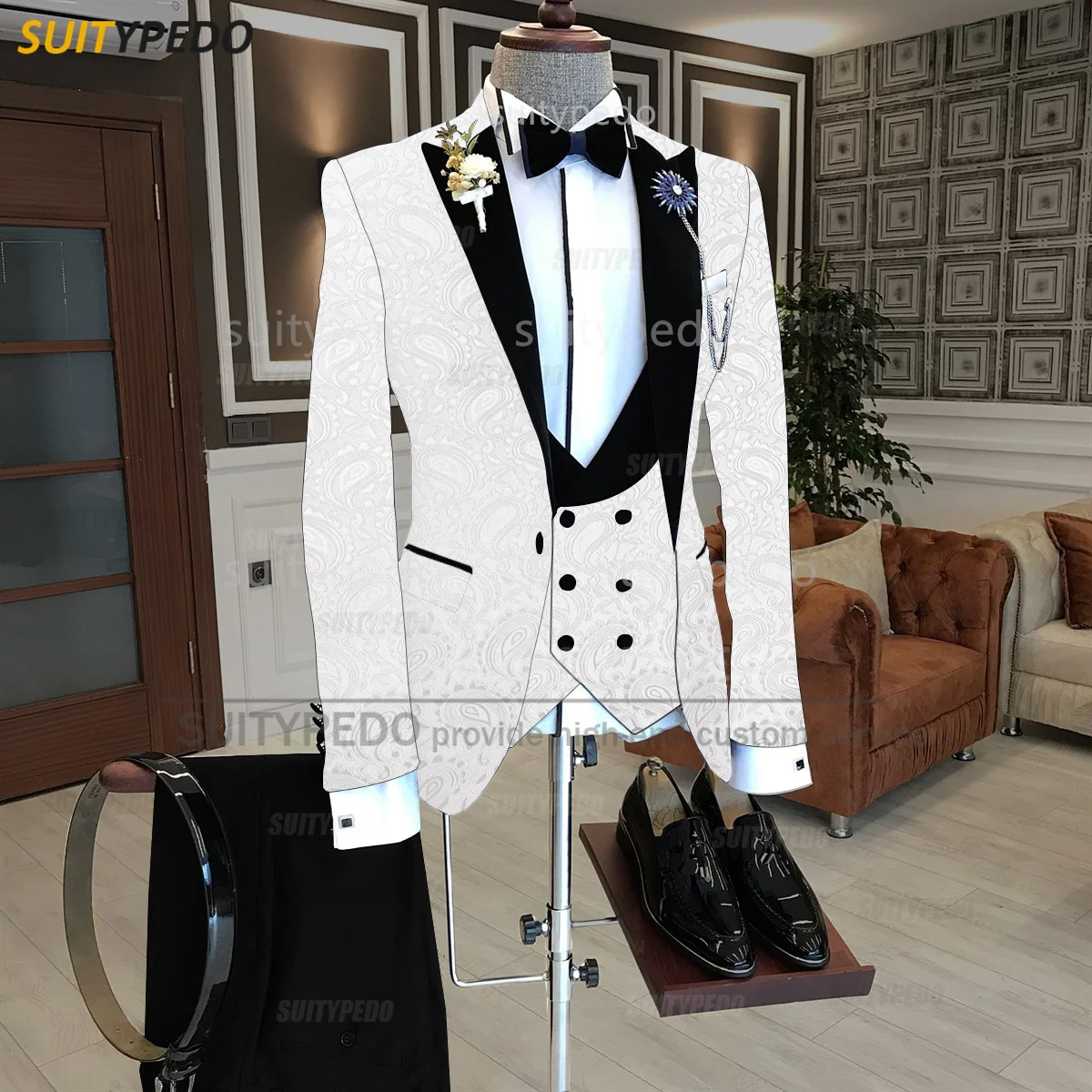 Tailor-made Men Printing Suit Sets Wedding Party Groomsman Elegant Blazer Vest Pants 3 Pieces Evening Dinner Slim Fit Outfits