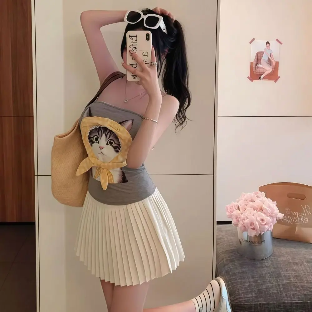 

Cute Cat Print Tube Top with Padded Cups Sweet Colors Women's Camisole Anti-slip Soft Women's Inner Tops Fashionable Inner Wear