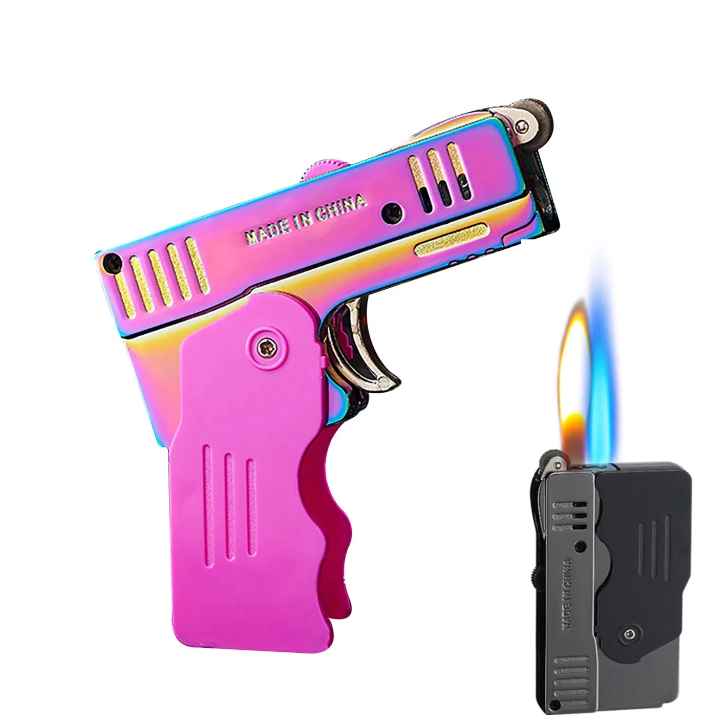 

Creative Folding Double Fire Deformable Pistol Lighter Metal Windproof Butane Gas Torch Blue Flame Portable Lighter Men's Gift