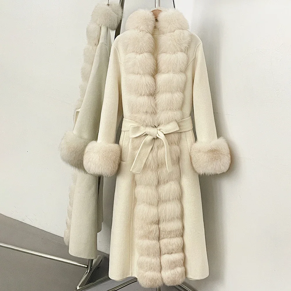 OFTBUY Neue Winter-Luxuskleidung Damen-Oberbekleidung Langer Woll-Alpaka-Mischmantel mit Echtfuchs-Pelzbesatz und Gürtel Wolljacke für Damen – Detail 15