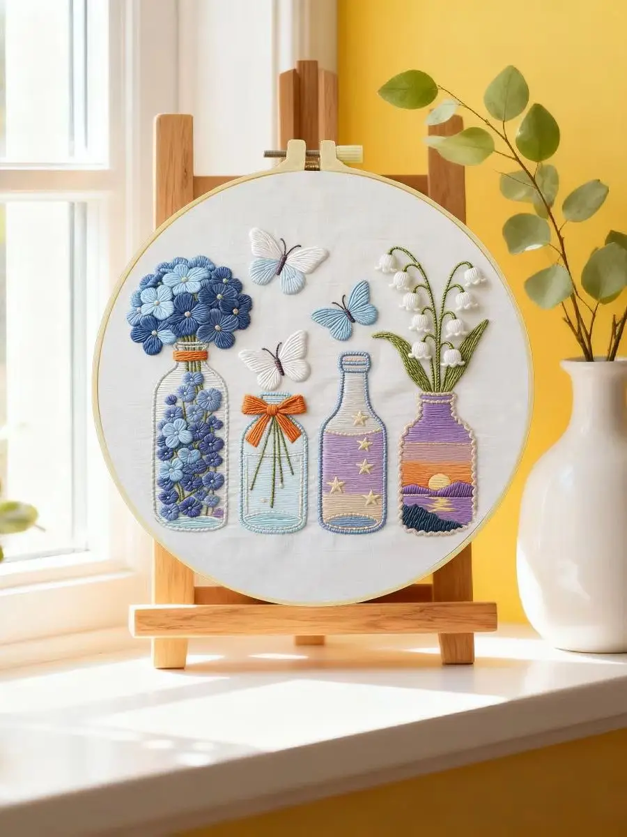 1 Stück 20X20CM/15X15CM 7,87/6,3 Zoll Blumenflaschen-Stickerei-Starter-Kit DIY-Kit DIY-Stickerei-Set Handarbeiten Malerei – Detail 6