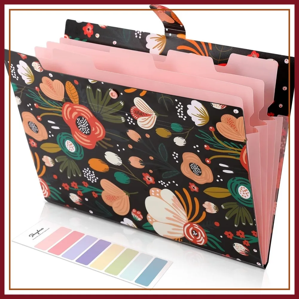 

5-Pocket Expanding File Folder, Floral Accordion Organizer for Documents, Receipts, School Office Supplies Black