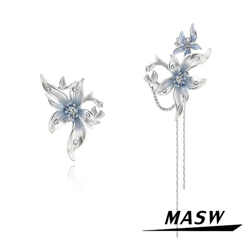 

MASW Original Design Delicate Asymmetrical Blue Flower Earrings For Women Party Gifts Modern Jewelry Hot Sale Fine Accessories