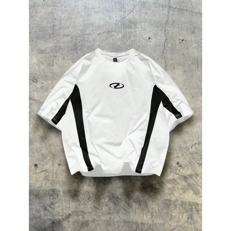 3D Printed Casual T Shirt Men Black White Paneled Oversized Streetwear Y2K Cyber Logo Print 2026 Short Sleeve Top Football