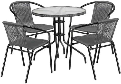 Lila 28'' Round Glass Metal Table with Black Rattan Edging and 4 Black Rattan Stack Chairs