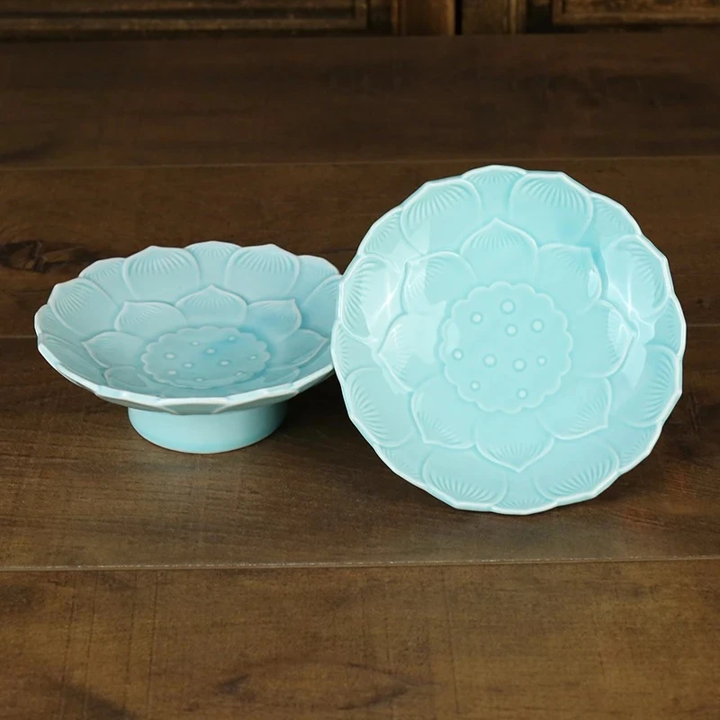 Celadon lotus flower supply plate Longquan Plate The Buddhist temple enshrines ceramic high footed plates Green Tribute Plate