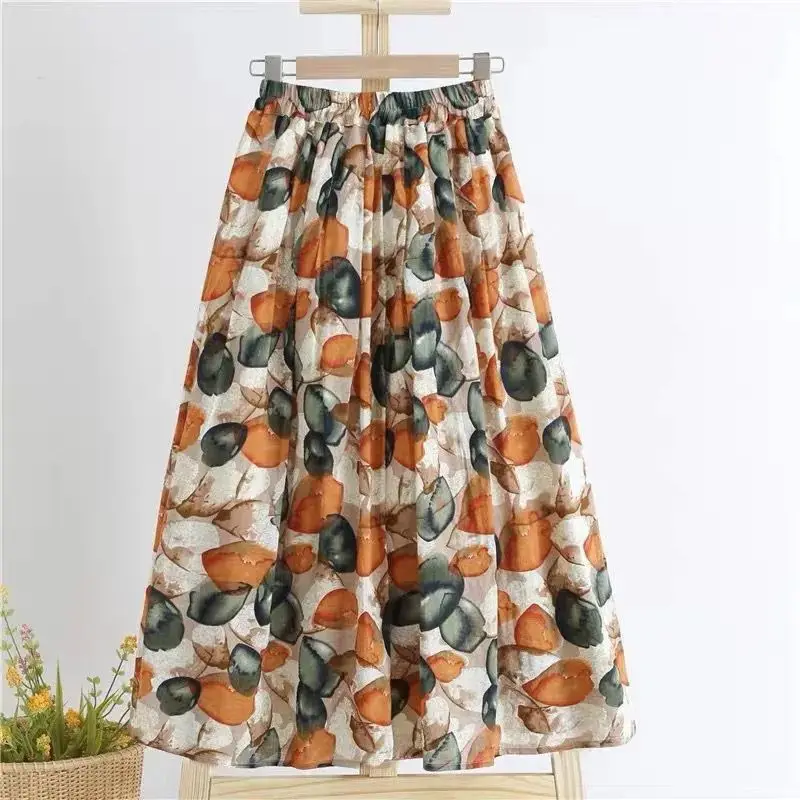 Large Size Women Summer Printing Half Length Skirt Flower Polka Dot Loose Appear Thin All-match Elastic Waist Comfortable Skirt