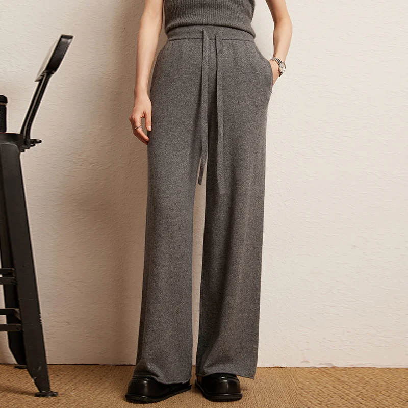 Women's 100% Cashmere Casual Solid Color Knitted Wide Leg Pants Loose Elastic Waist Roll Edge Pocket Detail