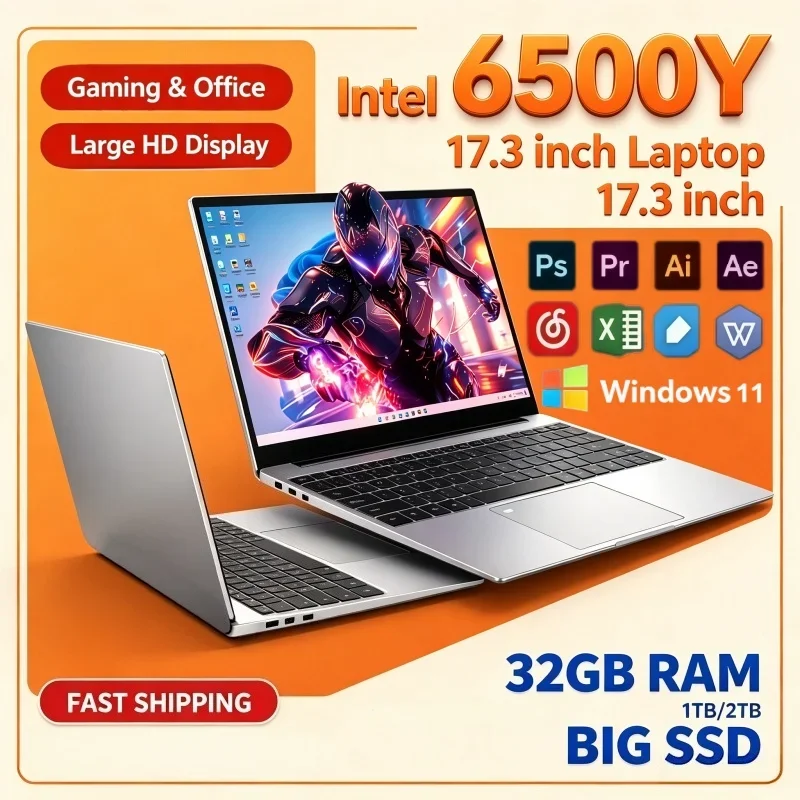 Intel 6500Y Large Screen Laptop 17.3 Inch 16/32GB RAM Ultra Windows11 1/2TB BIG SSD Portable Laptop Office Study