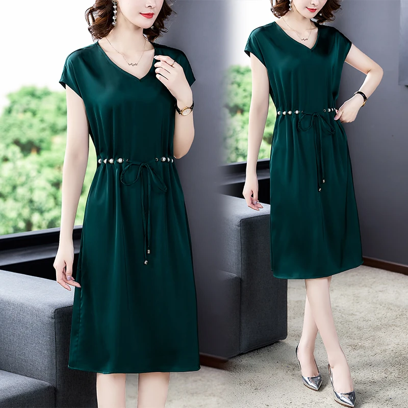 

Women Red Natural Silk V-Neck Sexy Midi Dress Summer Short Sleeve Elegant Bodycon Dress 2024 Korean Vintage Casual Party Dress