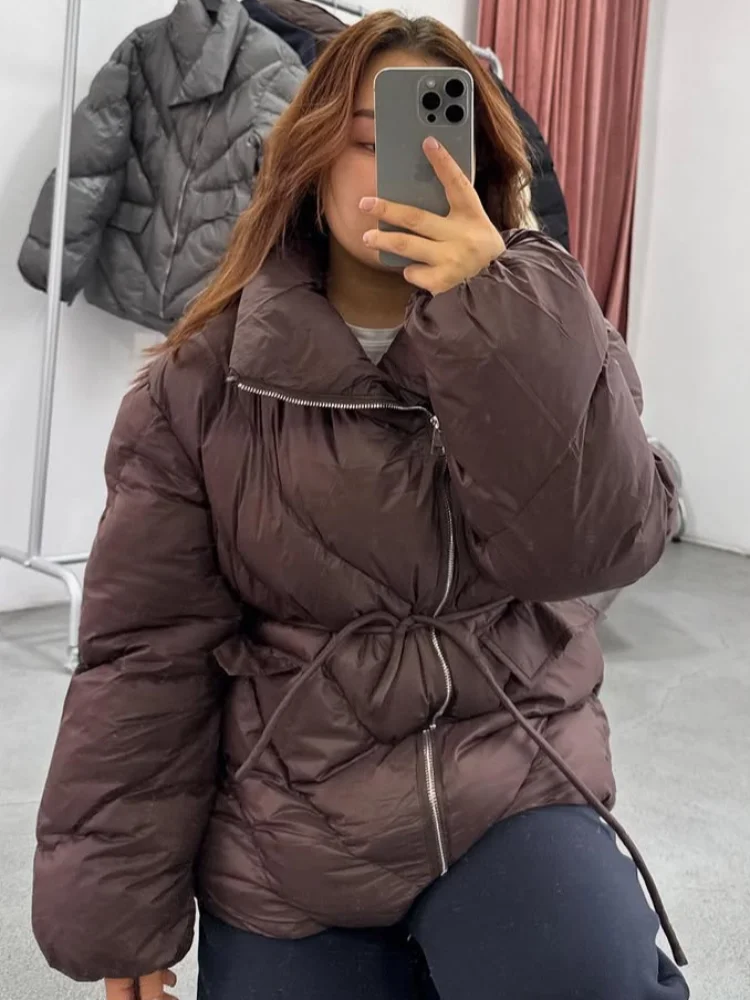 

Women Casual Lapel Drawstring Cotton Coat Stand Collar Zipper Lace-up Loose Puffer Warm Jacket Lady Winter Daily Street Jackets