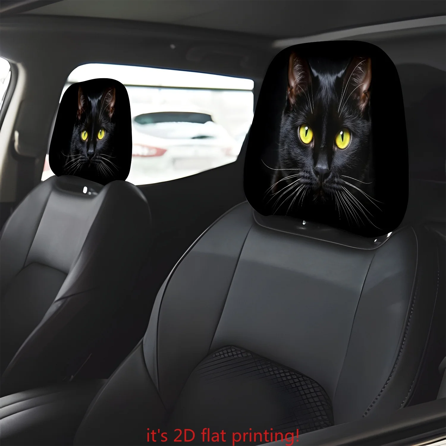 ITECHJOY 2Pcs Black Cat Glow Printed Headrest Cover Polyester Cool Car Seat Head Protector Washable Auto Decoration Fit All Cars
