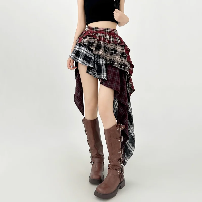 

Women's A-line Plaid Skirt Vintage Fashion Aesthetic Y2k Asymmetrical Mini Skirt Harajuku Korean Skirt 2000s Clothes Summer