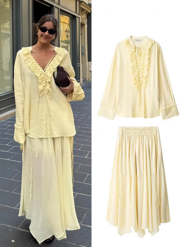 HH Women's Summer New Versatile V-neck Lace-up Decorative Chiffon Loose Shirt Female Thin Pullover Casual Long Sleeve Shirt