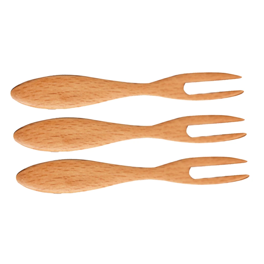 

3pcs Fruit Forks Wooden Multifunctional Eco-Friendly Beech Cake Fork Dessert Picks For Party Wedding Birthday Banquet