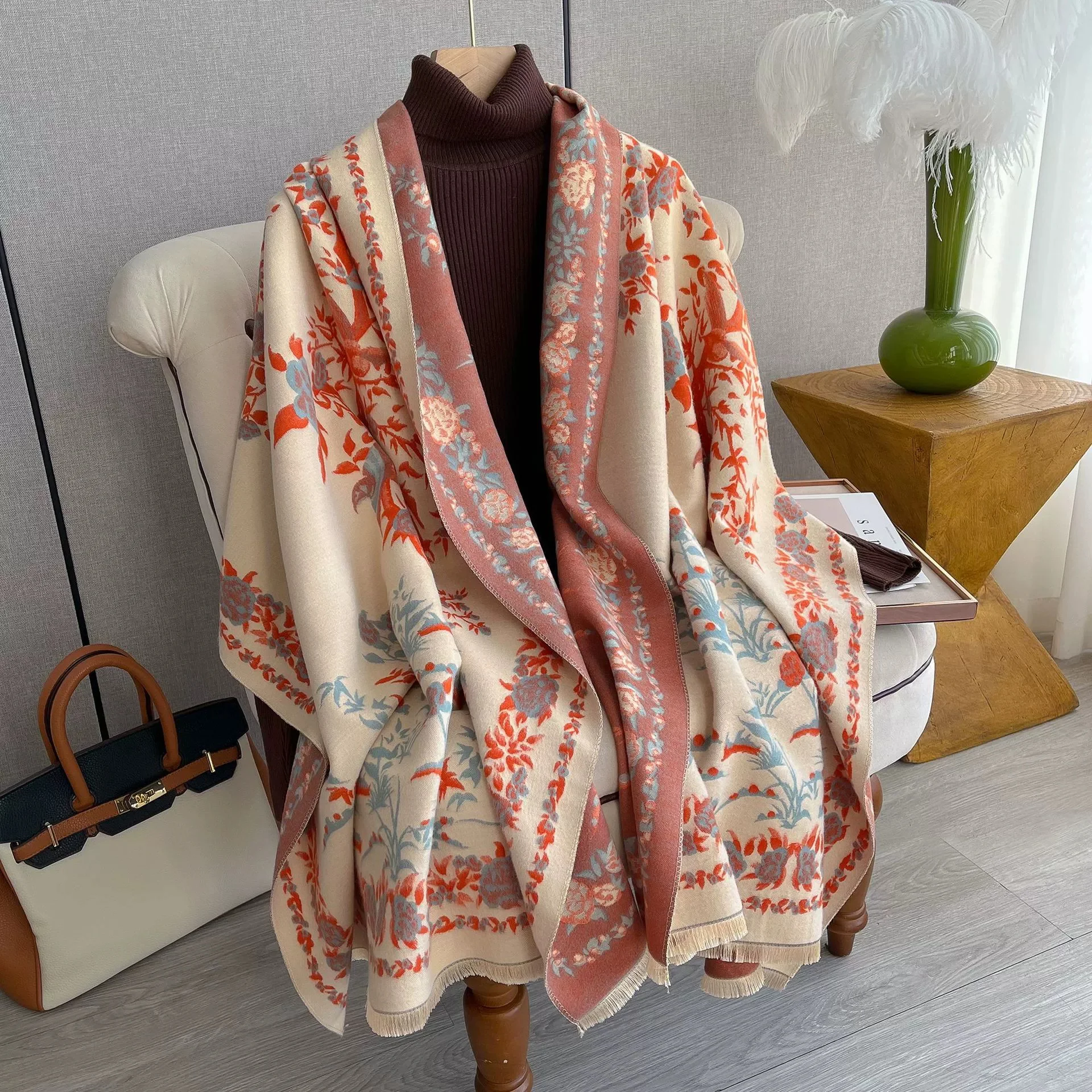 

Luxury Brand Cashmere Women Floral Scarf Winter Warm Shawl and Wrap Bandana Pashmina Female Foulard Square Thick Blanket Poncho