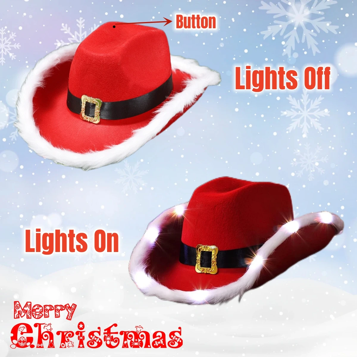 Light Up Santa Cowboy Hat Western Felt Cowgirl Hats with Lights Red Cowboy Hat with White Brim for Men Women Xmas Party Costume