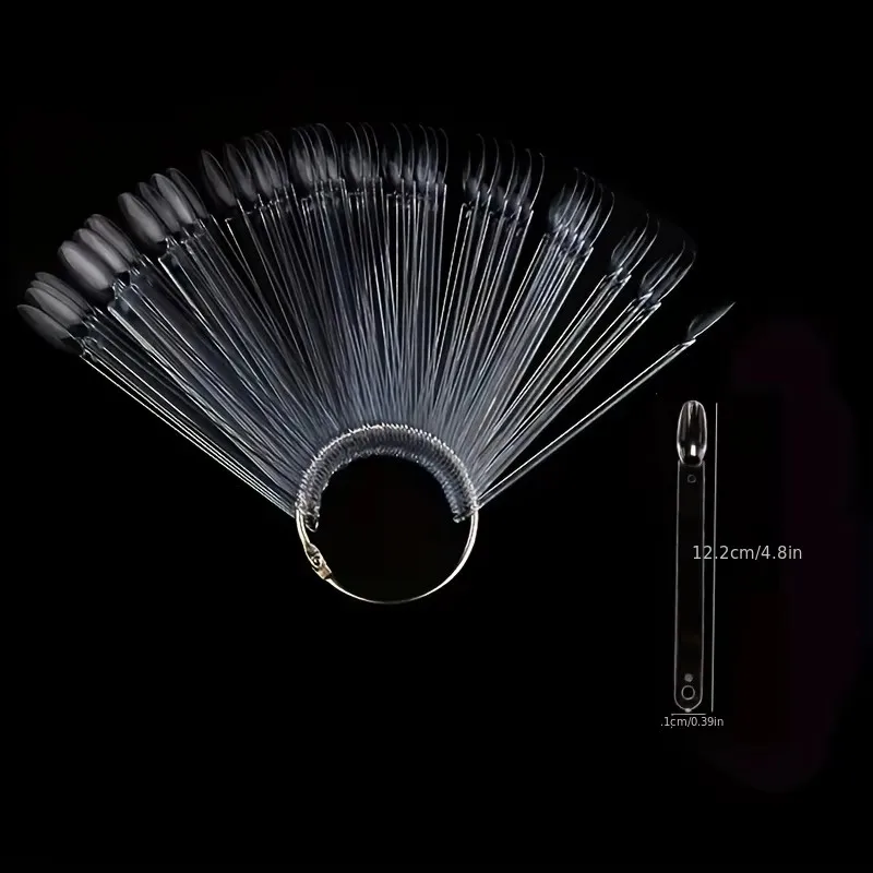100 Fan-Shaped Nail Sample Tips, Fake Nail Art Polishing Tips, Salon Display Practice Tools with Metal Split Ring Holder