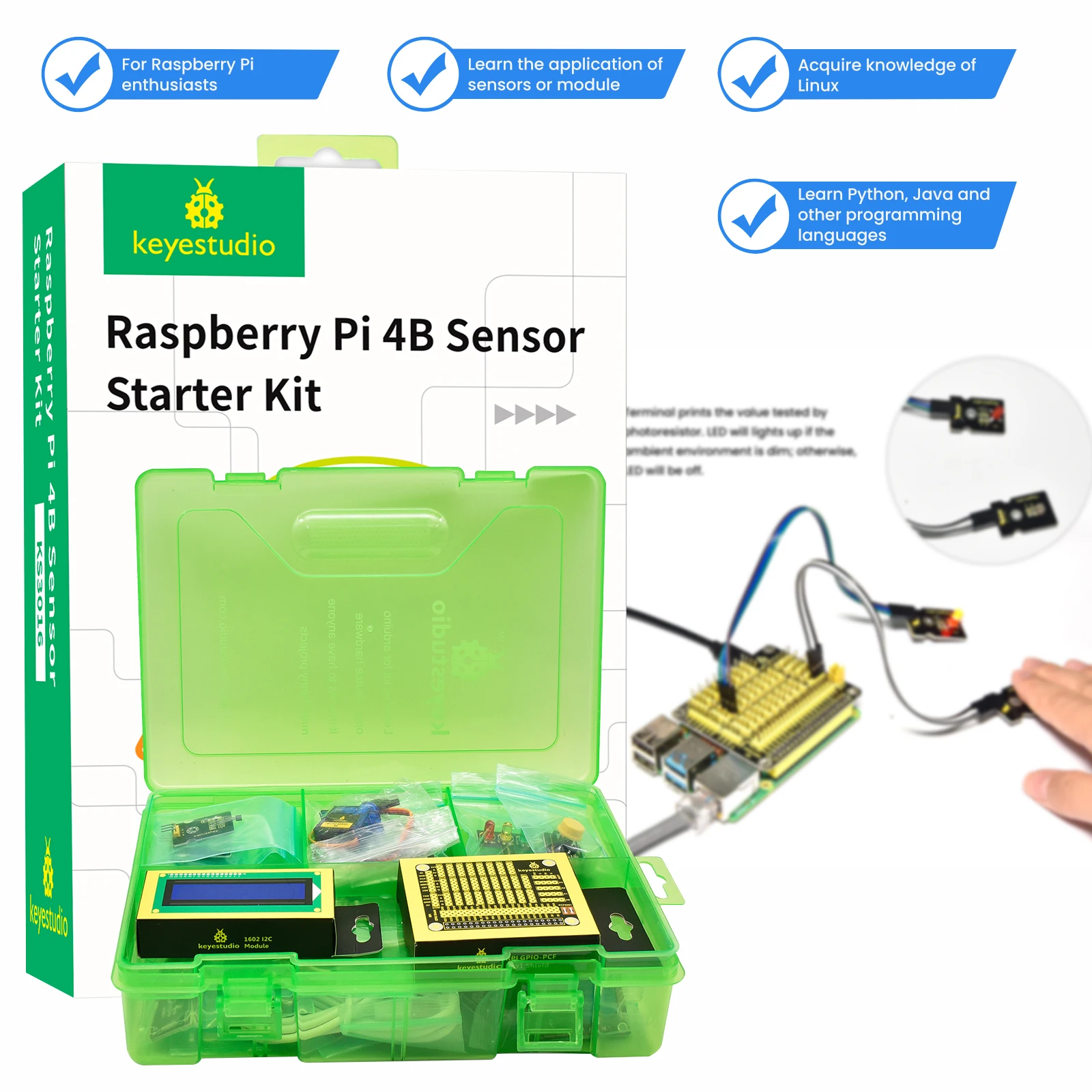 

Стартовый комплект датчика обучения STEM Keyestudio для Raspberry Pi 4B, комплект для программирования Python и Java с тоторией (без платы RPI)