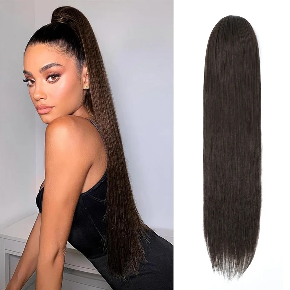 

Длинный прямой хвост на шнурке, 28-дюймовый синтетический хвост, шиньоны, наращивание хвостов, черный, коричневый хвост