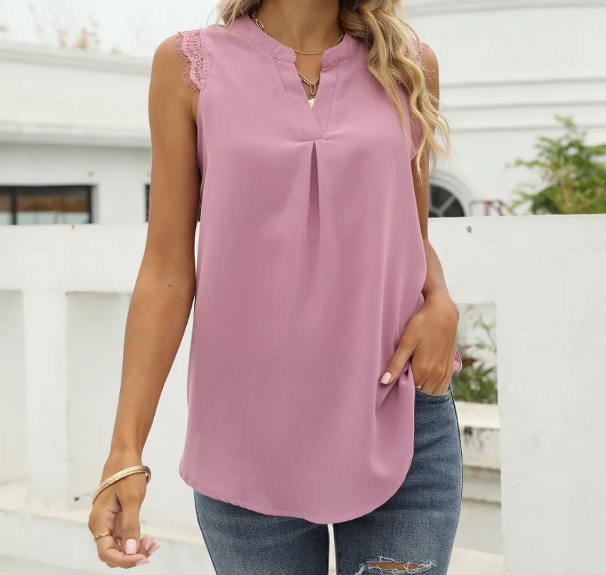

Solid Color Shirt Loose V-Neck Sleeveless Lace Patchwork Cuff Vest Top for Women's Summer Elegant Solid Color Slim Fit Vest Top