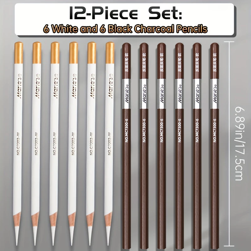 12pcs Marie\'s White Charcoal Pencils Set,Sketch Highlight Pencils,for Sketching,Shading,Blending,Supplies for Beginners,Artists